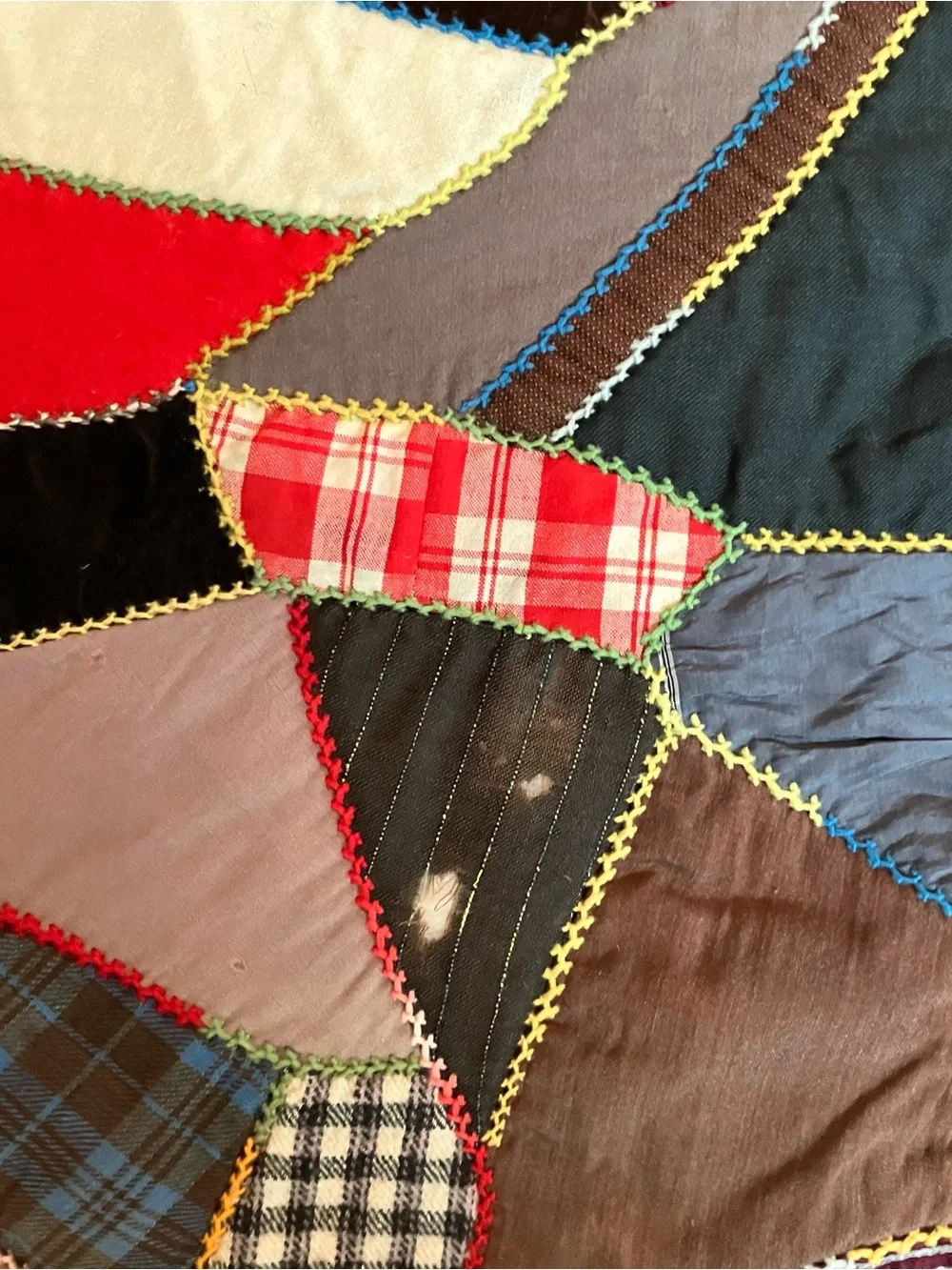 VTG Hand Pieced Embroidered Scrap Crazy 76 x 80 Quilt Farmhouse Primitive